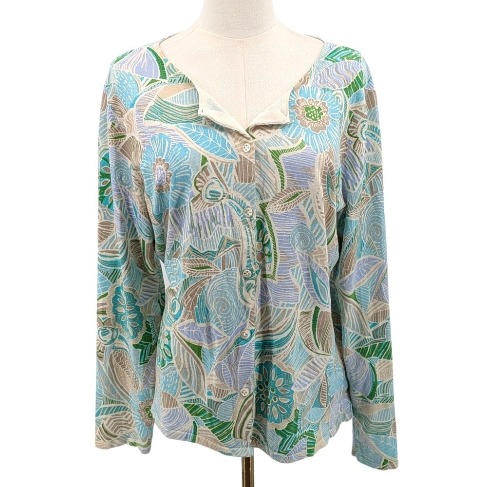 Sigrid Olsen Silk Cardigan Floral Button Front Lightweight Coastal Size L